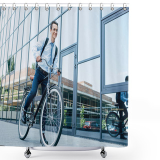 Personality  Handsome Smiling Young Man In Eyeglasses And Formal Wear Riding Bike On Street Shower Curtains