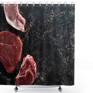Personality  Top View Of Raw Beef And Pork Parts On Black Marble Surface Shower Curtains