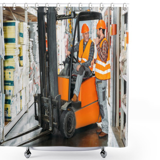 Personality  Two Male Workers Using Forklift Machine In Storehouse Shower Curtains