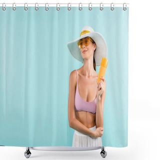 Personality  Smiling Woman In Sun Hat And Pareo Posing With Sunscreen Isolated On Blue Shower Curtains