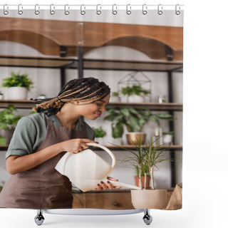 Personality  Side View Of African American Florist With Dreadlocks Watering Tropical Plant In Flower Shop Shower Curtains