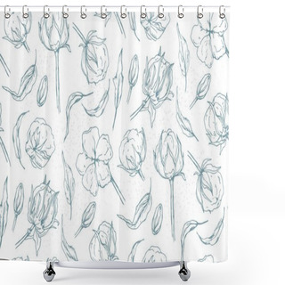 Personality  Seamless Pattern With Cotton Ball Flower, Leaves Hand Drawn Light Blue Linear Natural Designer Elements. Beautiful, Cute Lovely Elegant Wallpaper, Textile Fabric Design. Tender Linear Graphic Print Shower Curtains