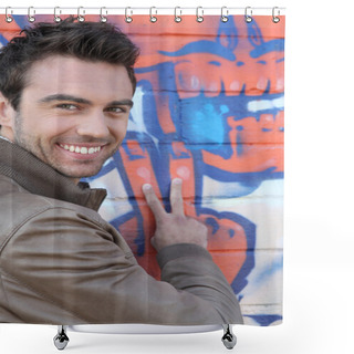 Personality  V For Victory From A Man In Front Of Grafitti Shower Curtains