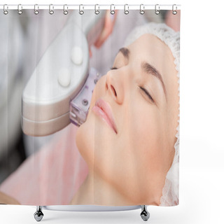 Personality  Skillful Young Cosmetologist Is Treating Female Face Shower Curtains