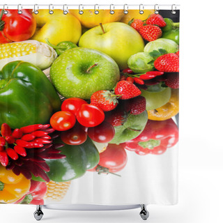 Personality  Healthy Vegetables And Fruits On White Background Shower Curtains