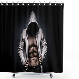 Personality  Strong Athletic Man On Black Background Shower Curtains