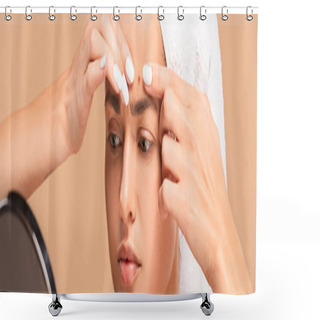 Personality  Panoramic Shot Of Young Woman In Towel Squeezing Pimple And Looking At Mirror Isolated On Beige  Shower Curtains