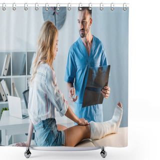 Personality  Bearded Orthopedist Holding X-ray And Giving Pills To Injured Woman  Shower Curtains