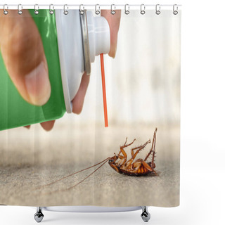 Personality  Human Hand Spraying Insecticide On Dead Cockroach. Pest Control, Health And Hygiene Concept Shower Curtains