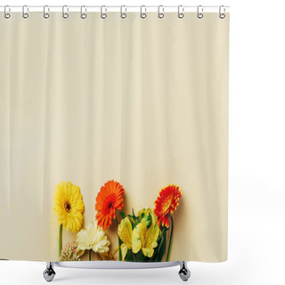 Personality  Flat Lay With Beautiful Gerbera And Lily Flowers Arrangement On Beige Backdrop Shower Curtains