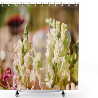 Personality  White And Pink Flowers On Table In Garden Shower Curtains