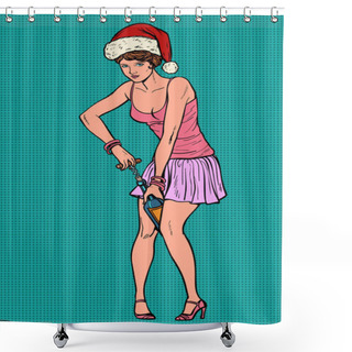 Personality  Woman Uncorking Champagne. Christmas And New Year Shower Curtains