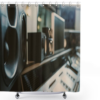Personality  Close-up Shot Of Dynamic Monitors At Recording Studio Shower Curtains