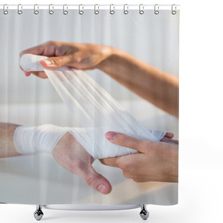 Personality  Physiotherapist Putting Bandage On Patient Hand Shower Curtains