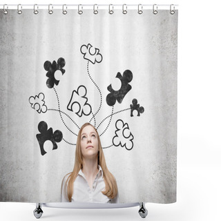 Personality  A Beautiful Young Woman Standing At A Concrete Wall With Parts Of A Puzzle Drawn On It, Looking Up. Shower Curtains