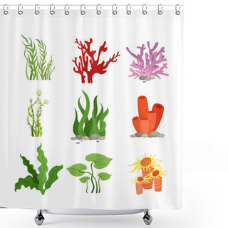 Personality  Vector Illustration Set Of Colourful Water Plants And Coral Isolated On White Background In Cartoon Flat Style. Shower Curtains