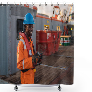 Personality  Seaman AB Or Bosun On Deck Of Offshore Vessel Or Ship , Wearing PPE Shower Curtains