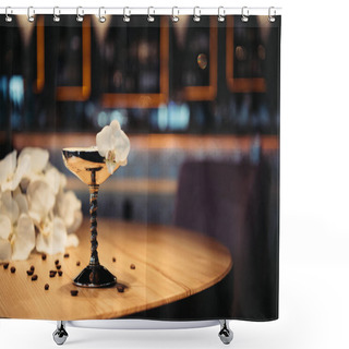 Personality  Alcoholic Cocktail In Metal Glass Decorated With Orchid Flower And Coffee Beans On Wooden Table Shower Curtains