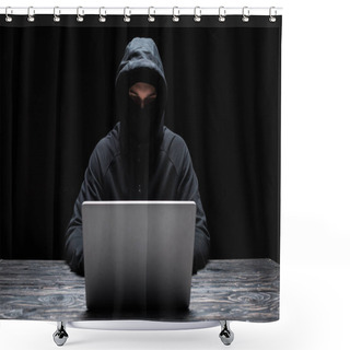 Personality  Hacker In Mask And Hood Using Laptop Isolated On Black  Shower Curtains
