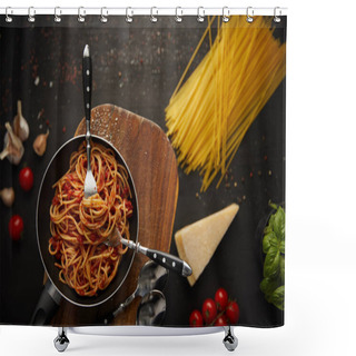 Personality  Top View Of Tasty Bolognese Pasta In Frying Pan On Black Background With Fresh Ingredients Shower Curtains