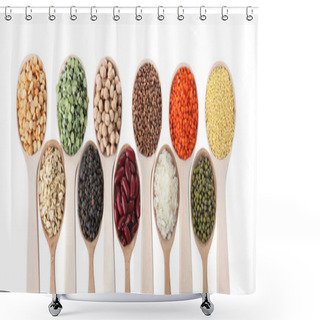 Personality  Different Types Of Legumes And Cereals On White Background, Top View. Organic Grains Shower Curtains