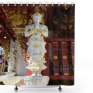 Personality  Art Sculpture Deity Statue Or Carving Angel Figure Lanna Style Of Wat Phra Singh Temple For Thai People Travelers Visit Respect Praying Blessing Wish Mystical At Chiangrai City In Chiang Rai, Thailand Shower Curtains