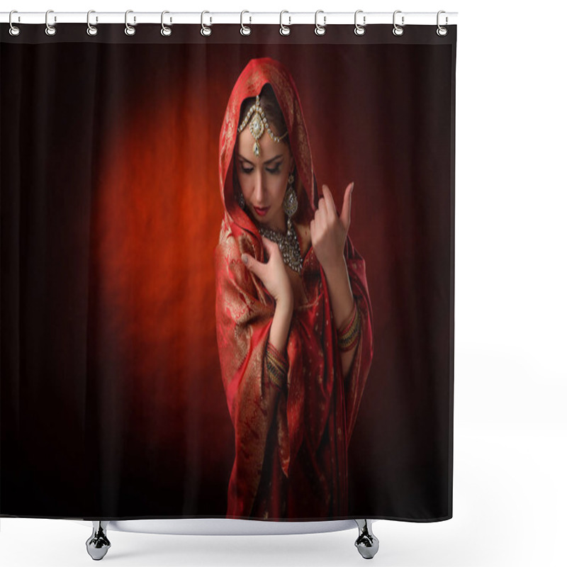 Personality  Portrait Of Beautiful Indian Girl . Young Hindu Woman Model Kundan Jewelry . Traditional Costume Shower Curtains