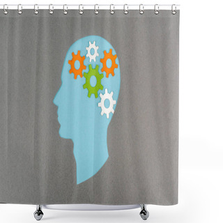 Personality  Top View Of Cut Out Blue Human Head With Colorful Gears Isolated On Grey Shower Curtains