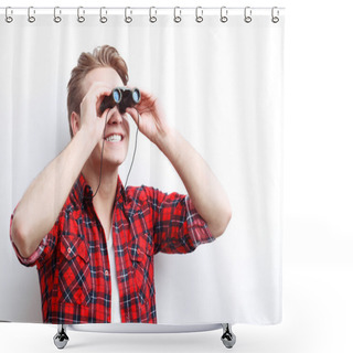 Personality  Interested Smiling Guy Looking Through Binoculars  Shower Curtains