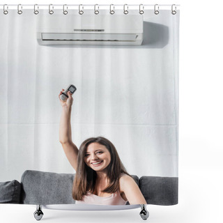 Personality  Attractive And Smiling Woman Switching On Air Conditioner With Remote Controller Shower Curtains