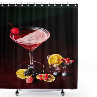Personality  Fruity Elegant Cosmopolitan Cocktail With Cold Fruity Ice Cubes On Black Backdrop, Concept Shower Curtains
