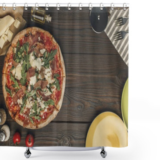 Personality  Flat Lay With Arranged Italian Pizza, Cutlery And Various Ingredients On Wooden Surface Shower Curtains