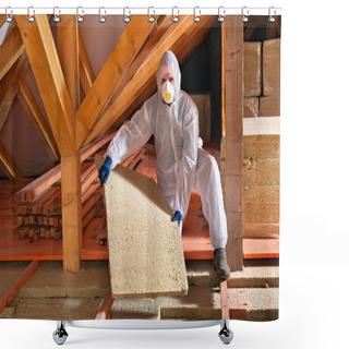 Personality  Man With Rockwool Panel Installing Insulation Layer Shower Curtains