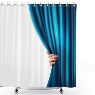 Personality  Background With Blue Velvet Curtain And Hand. Vector Illustration. Shower Curtains