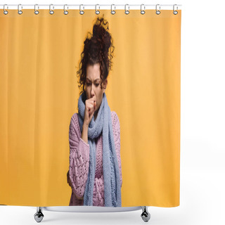 Personality  Diseased Woman In Warm Sweater And Scarf Coughing Isolated On Orange Shower Curtains