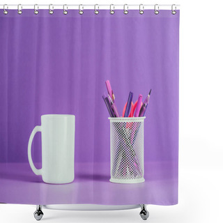 Personality  Cup And Pen Holder On Purple Surface Shower Curtains