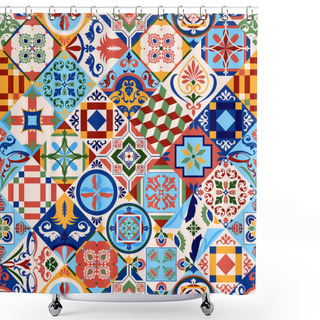 Personality  Azulejos Portugal. Turkish Ornament. Moroccan Tile Mosaic. Ceramic Tableware, Folk Print. Spanish Pottery. Ethnic Background. Mediterranean Seamless Wallpaper. Shower Curtains
