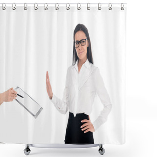Personality  Dissatisfied Businesswoman In Glasses Refusing To Sign Contract Isolated On White Shower Curtains