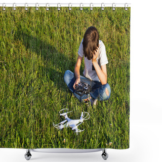 Personality  Little Boy Sitting On The Grass With Drone. Shower Curtains
