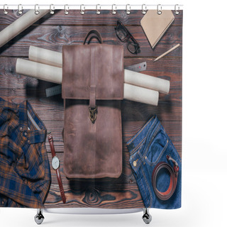 Personality  Flat Lay With Male Shirt, Jeans, Watch And Blueprints In Backpack Arranged On Wooden Tabletop Shower Curtains