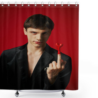 Personality  Provocative Man In Velvet Blazer Showing Middle Finger With Balloon On Red Background, 14 February Shower Curtains