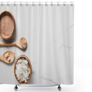 Personality  Top View Of Clay Powder And Sea Salt In Wooden Bowls And Spoons On Marble Table  Shower Curtains