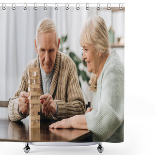 Personality  Retired Husband And Wife Playing Jenga Game On Table Shower Curtains
