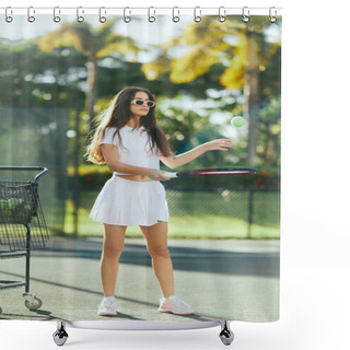 Personality  Stylish And Young Brunette Woman With Long Hair Standing In White Outfit And Trendy Sunglasses While Holding Racket And Hitting Ball Near Tennis Cart And Blurred Palm Trees In Miami  Shower Curtains