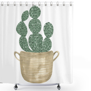 Personality  Watercolor Illustration Of A Home Plant Cactus In A Wicker Basket. Boho Decor For Home Decoration Shower Curtains
