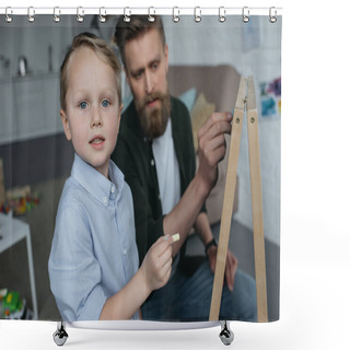 Personality  Selective Focus Of Little Boy And Father With Pieces Of Chalk Drawing Picture On Blackboard At Home Shower Curtains