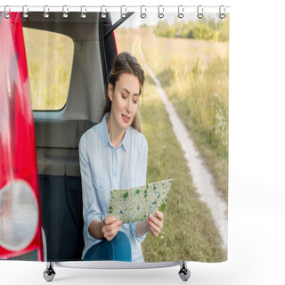 Personality  Beautiful Adult Woman Sitting In Car Trunk And Looking At Map In Field Shower Curtains