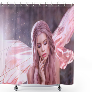 Personality  Cute Faun Girl With Rose Hair With Glowing Bright Pink Butterfly Wings Sit Alone In The Forest In The Morning Sun, Portrait Of A Young Lady, Gorgeous Fabulous Fantasy Photo With Highlights Shower Curtains