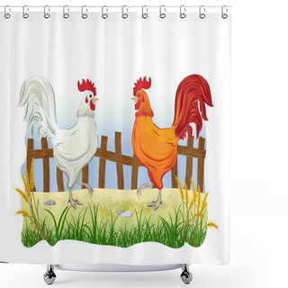 Personality  Two Cocks In Country Side Outdoor Scene With Fence Shower Curtains