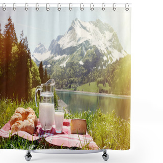 Personality  Milk, Cheese And Bread Served At A Picnic Shower Curtains